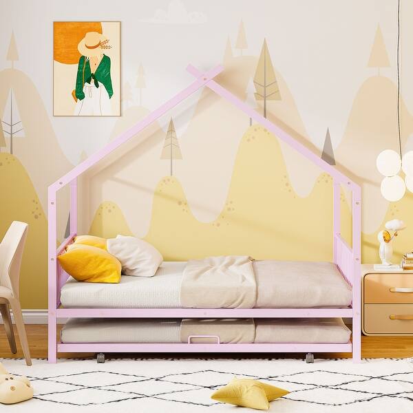 slide 2 of 9, Twin Size Metal House Bed with Twin Size Trundle and Sturdy and Durable Pink