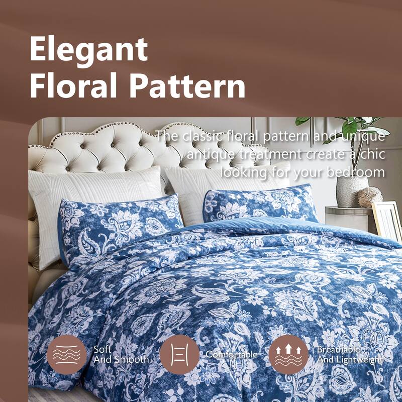 3-Piece 100% Cotton Comforter Set, Flower Pattern Printed Comforter and 2 Pillowcases for All Season