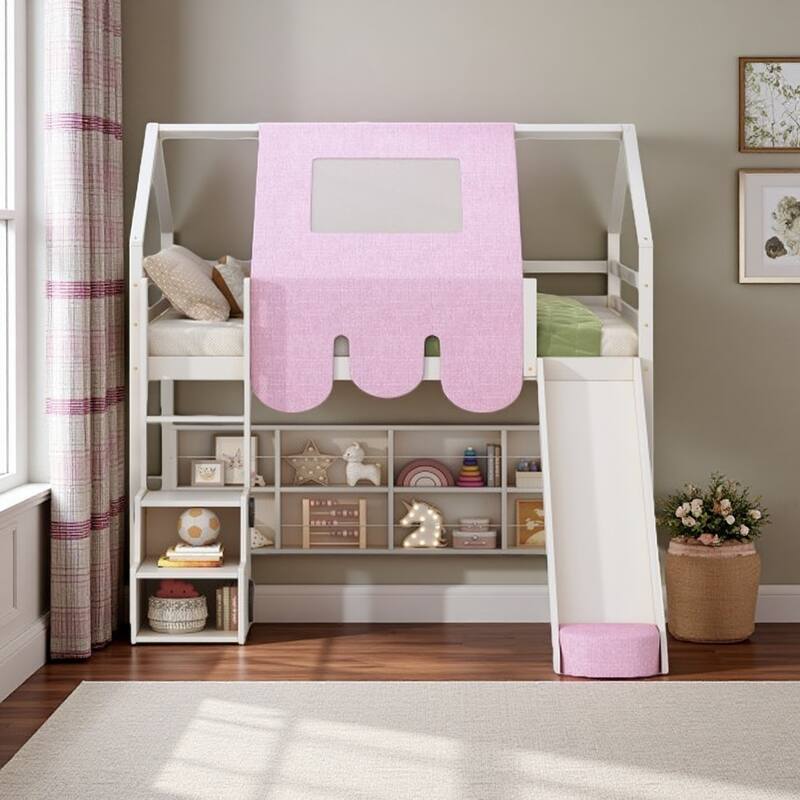 Full Size Loft Bed with Slide, Tent, and Storage Shelves - House Frame Kids Bed with Ladder and Car-Shaped Organizer - Natural - Full