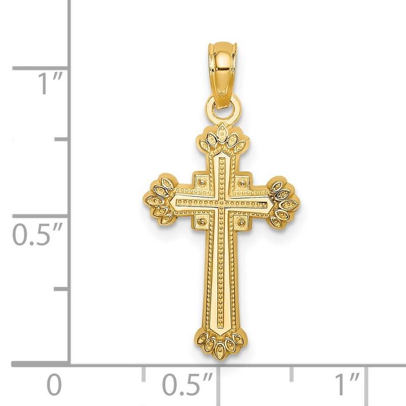 Curata 14k Yellow Gold Textured Leaf Edges Budded Cross Necklace 18mm x 25mm