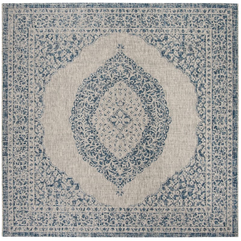 SAFAVIEH Courtyard Thoma Medallion Indoor/ Outdoor Waterproof Patio Backyard Rug - 4' Square - Light Grey/Blue