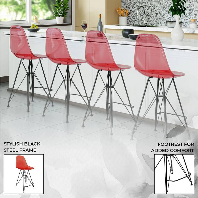 Cresco Acrylic Barstool in Brushed Black Steel Base with Ergonomic Seat, Footrest, & Floor Pads for Kitchen or Home Bar Set of 2