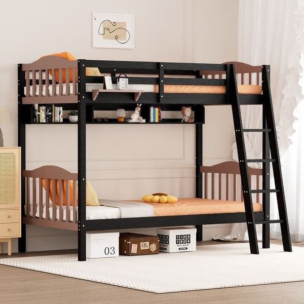 slide 2 of 42, Twin Over Twin Solid Wood Bunk Bed for Kids and Adults, No Box Spring Required Black and Brown /Shelves - Twin