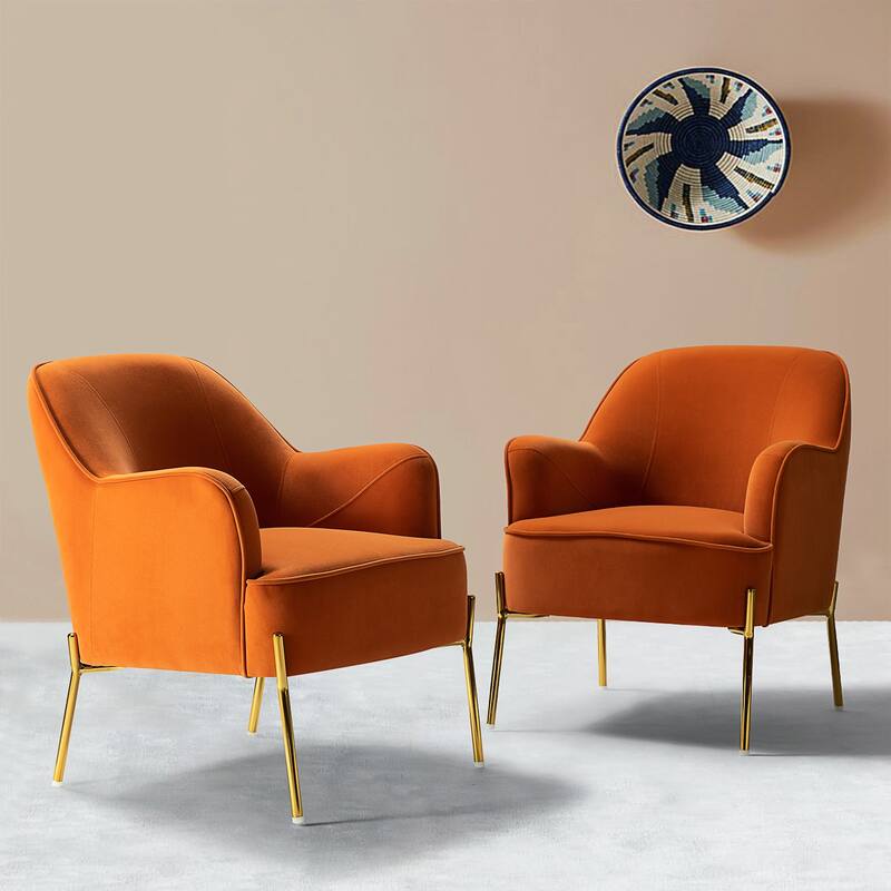Marina Modern Velvet Accent Chair with Golden Legs Set of 2 by HULALA HOME - ORANGE