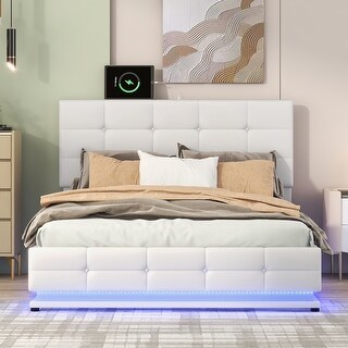 Modern Tufted Upholstered Platform Bed with LED Lights and USB charger
