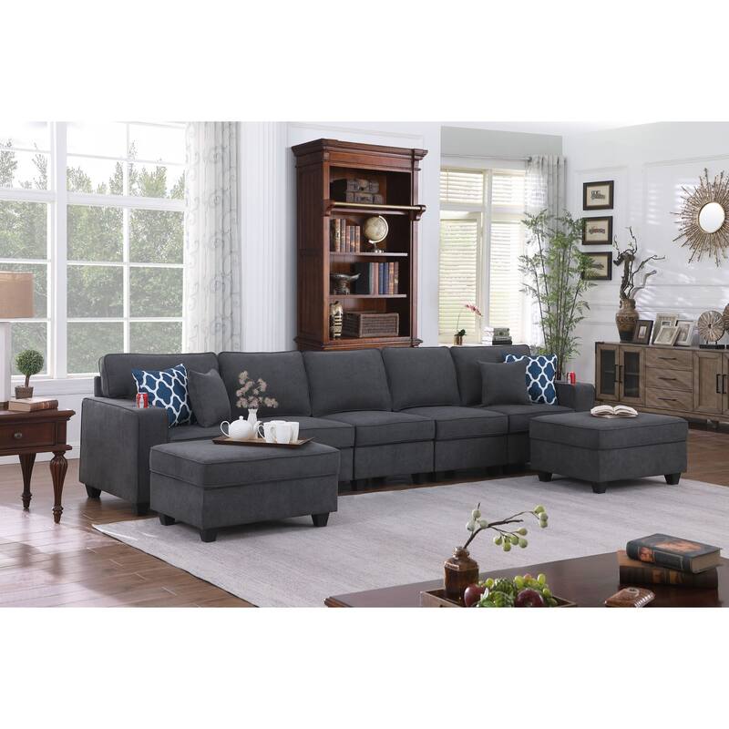 Woven Upholstered 5-Seater Sofa with 2 Ottomans in Stone Gray - Stone Gray/Brown
