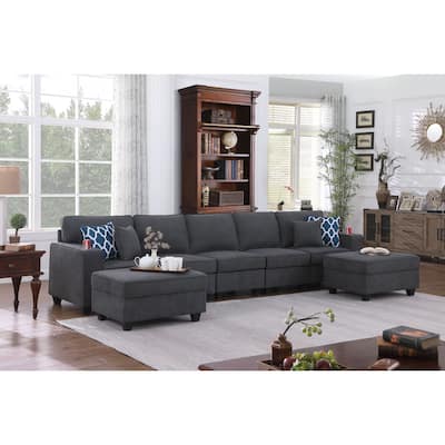 Woven Upholstered 5-Seater Sofa with 2 Ottomans in Stone Gray