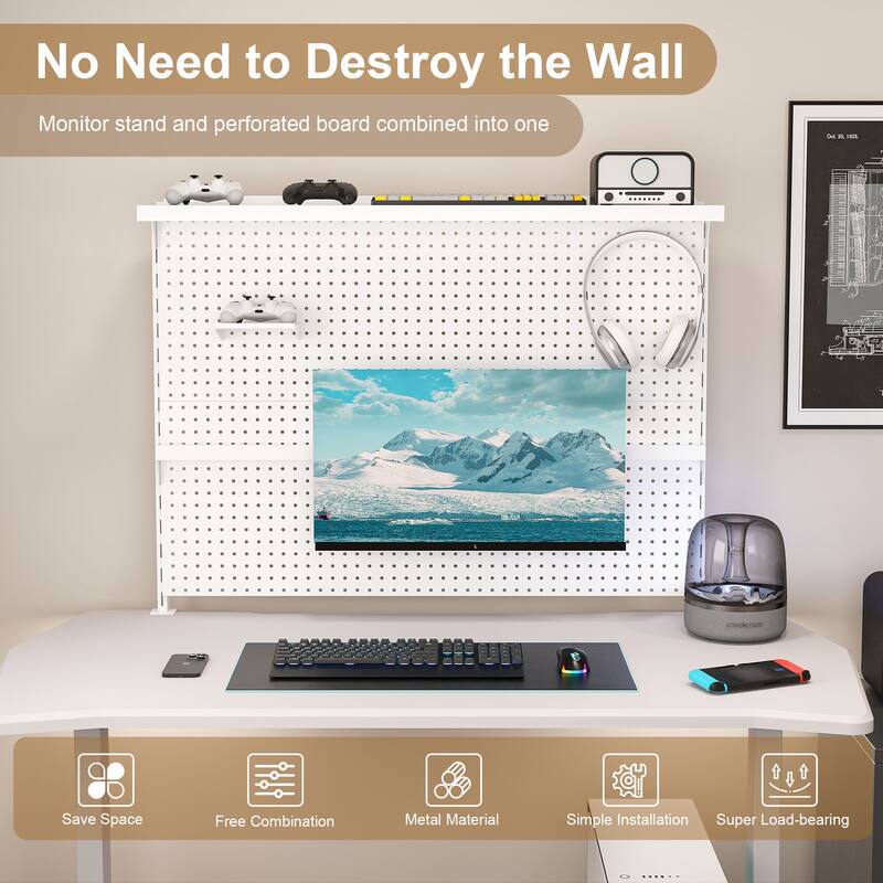 Clamp-On Desk Pegboard with Single Monitor Stand