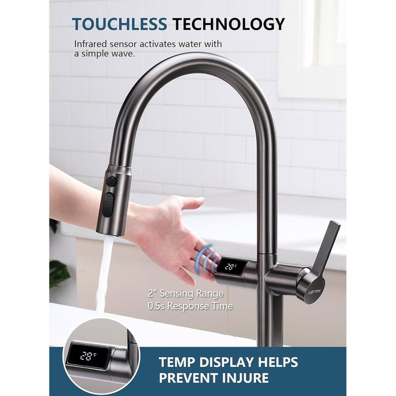 Lefton Touchless Pull-Out Kitchen Faucet, Hands Free Motion Sensor Activated, Battery-Free Temperature Display, KF2206
