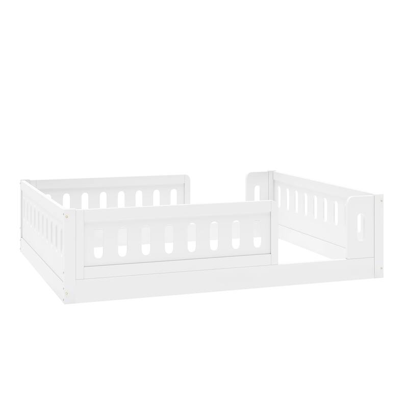 Kids Wood Floor Bed with Semi-Enclosed Guardrail and No-Slat Design