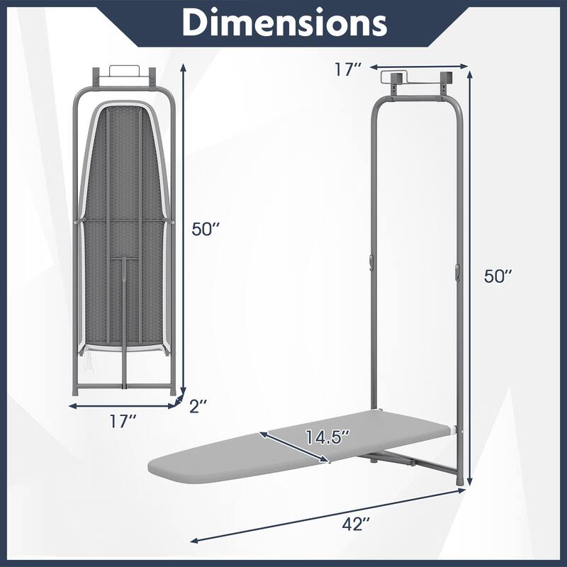 Over The Door Foldable Ironing Board with Iron Holder Space Saving Laundry Room Organizer - 42” x 17” x 50”