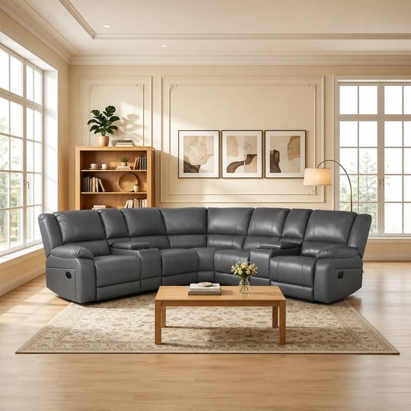 109" W Modern Contemporary Faux Leather 7 Piece Sectional Recliners - Grey