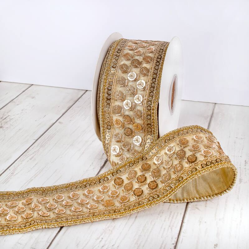 HGTV Home Collection Trim Metallic Dupioni Ribbon, Gold, 2.5 in - 2.5 in