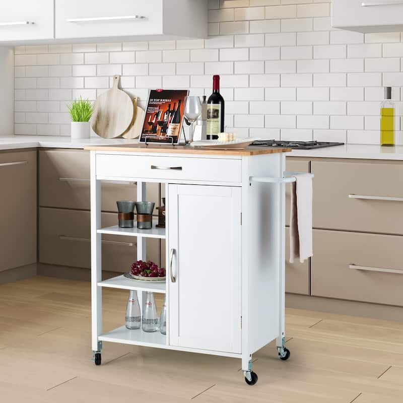 Gymax Mobile Kitchen Island Cart Serving Utility Trolley Drawer Shelf