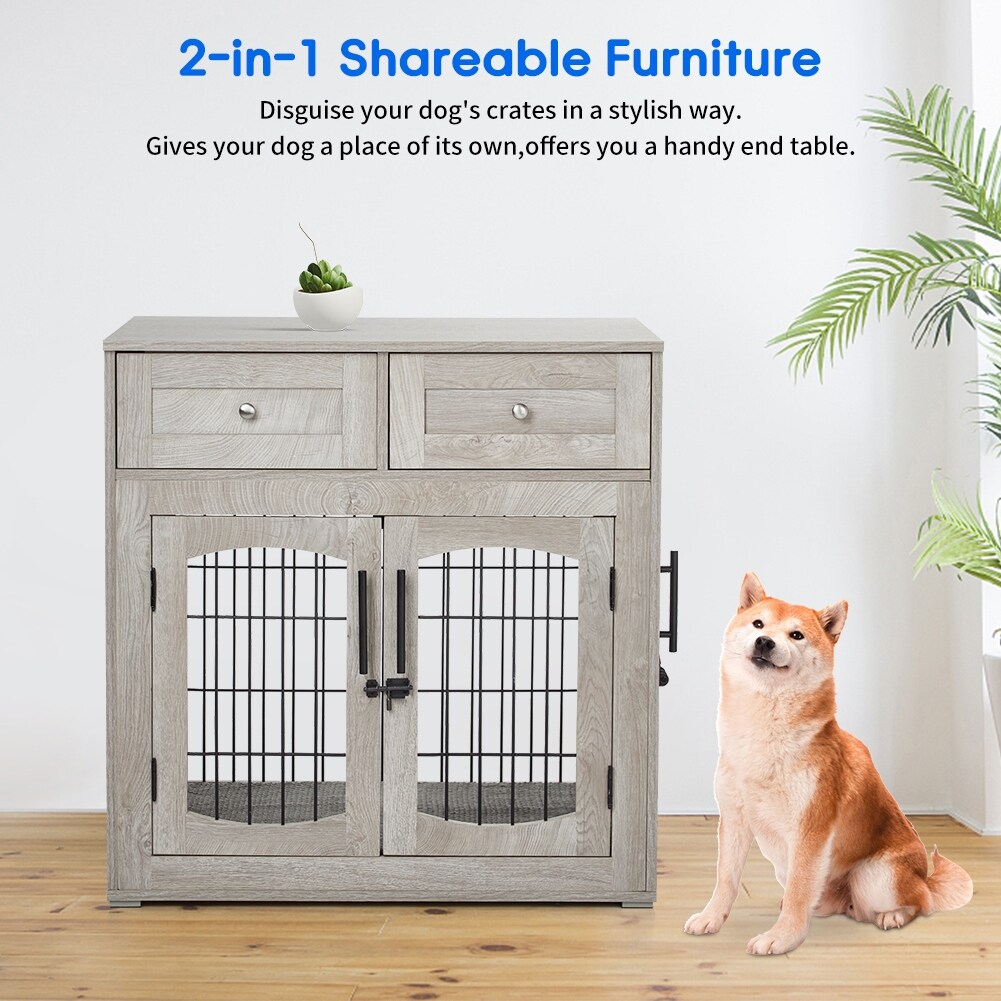 39.4 inch Brown Wooden Dog Crate Table with 2 Drawers Kennel End Table 23.6 W x 39.4 L x 40 H Grey