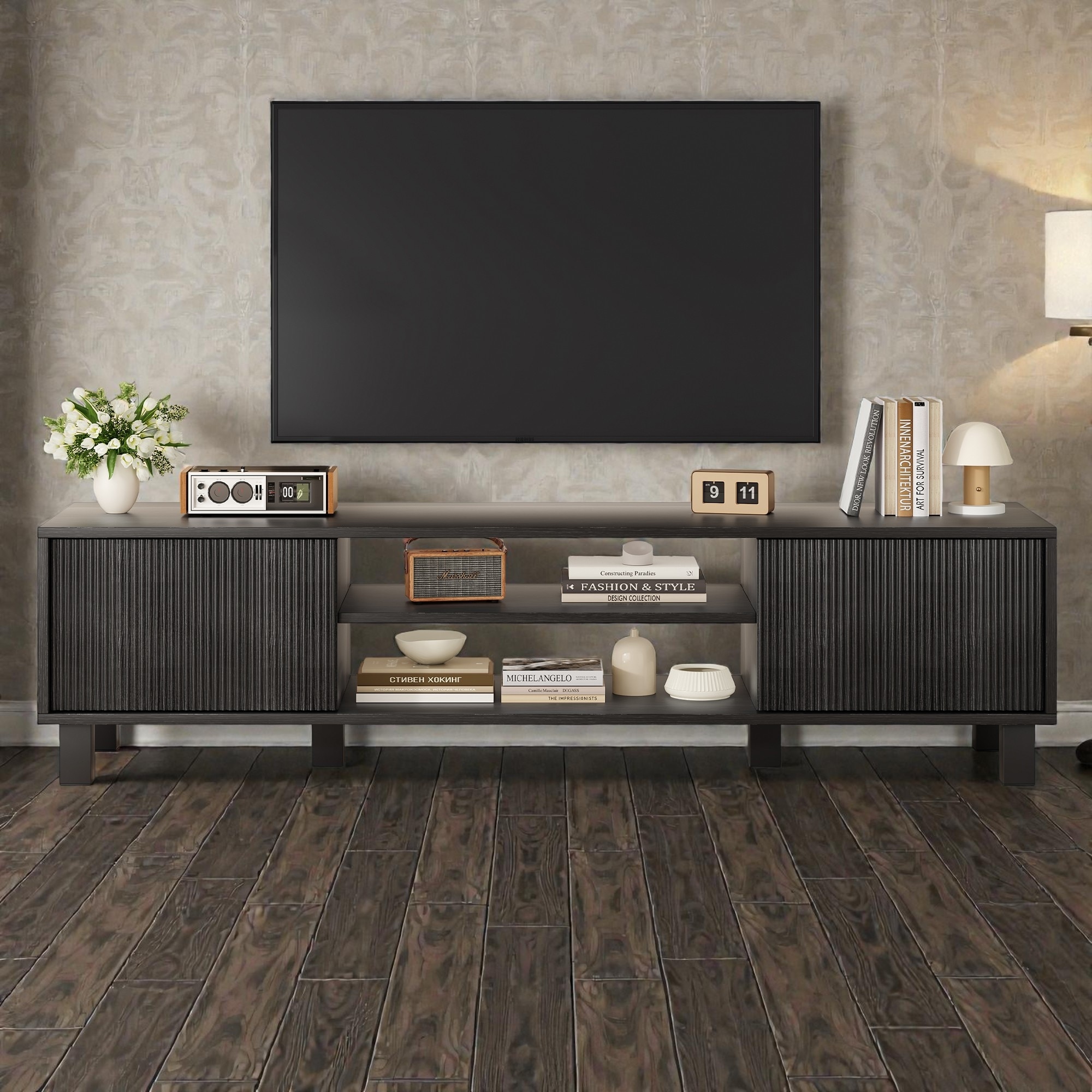 TV Stand for Up to 70 Inch TVs, Large Wood Media Console with Storage Cabinets and Open Shelves for Living Room, Console Table