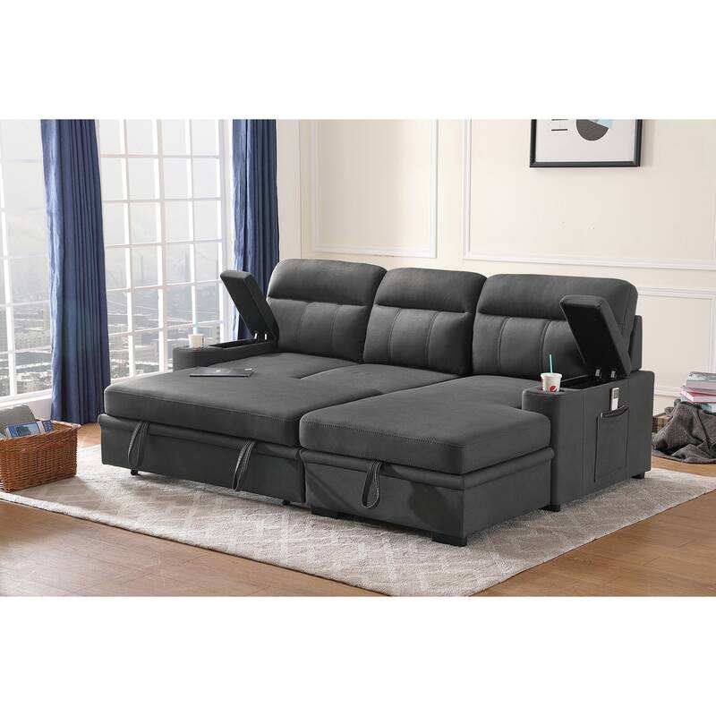 Polished Microfiber Sleeper Sectional Sofa Chaise with Cupholder
