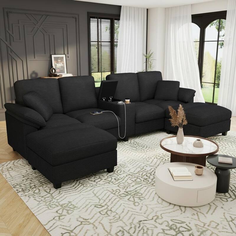 U-Shaped Corduroy Sectional with Hidden Storage, Center Console & USB Ports by Harper&Bright Designs - Black