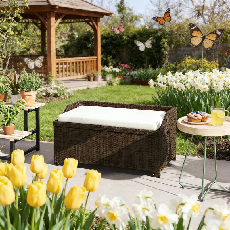 GDFStudio Outdoor Leontine Aluminum PE Rattan 2-in-1 Storage Bench