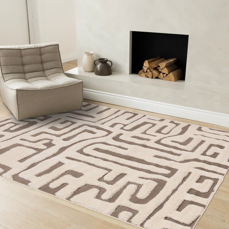 Cream Taupe Abstract Morroccan Super-Soft High-Low Textured Rug