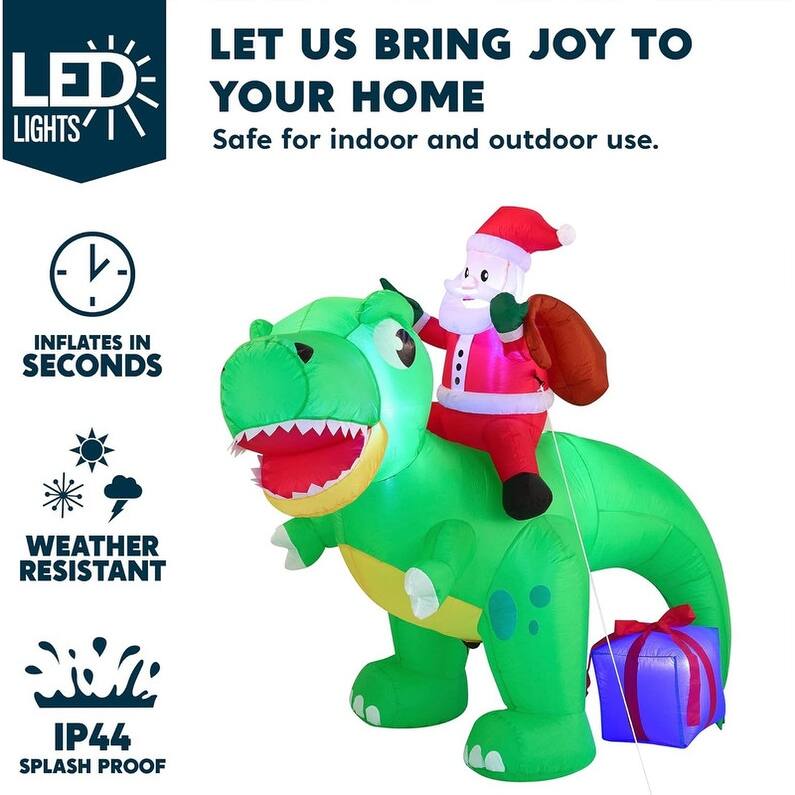6 FT Christmas Inflatable Dinosaur with Build-in LEDs, Blow Up Dinosaur with Santa - Green