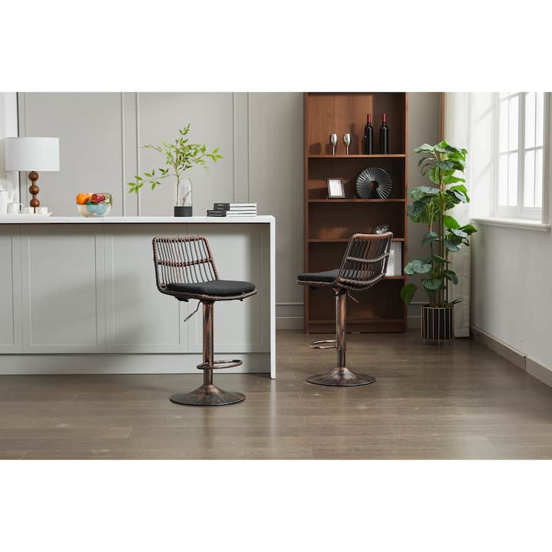 Set of 2 Vintage Rattan Bar Stool, 360° Swivel Seat Chair with Metal Base, Adjustable Height Counter Height Chair with Footrest