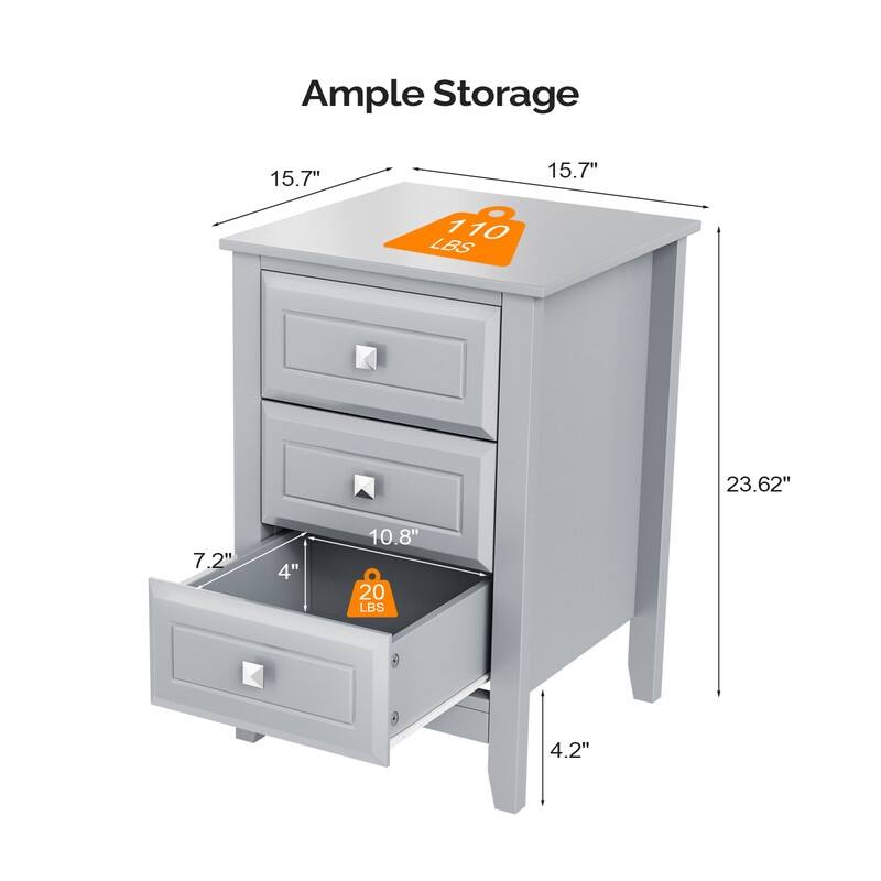 Three Drawer White Nightstand