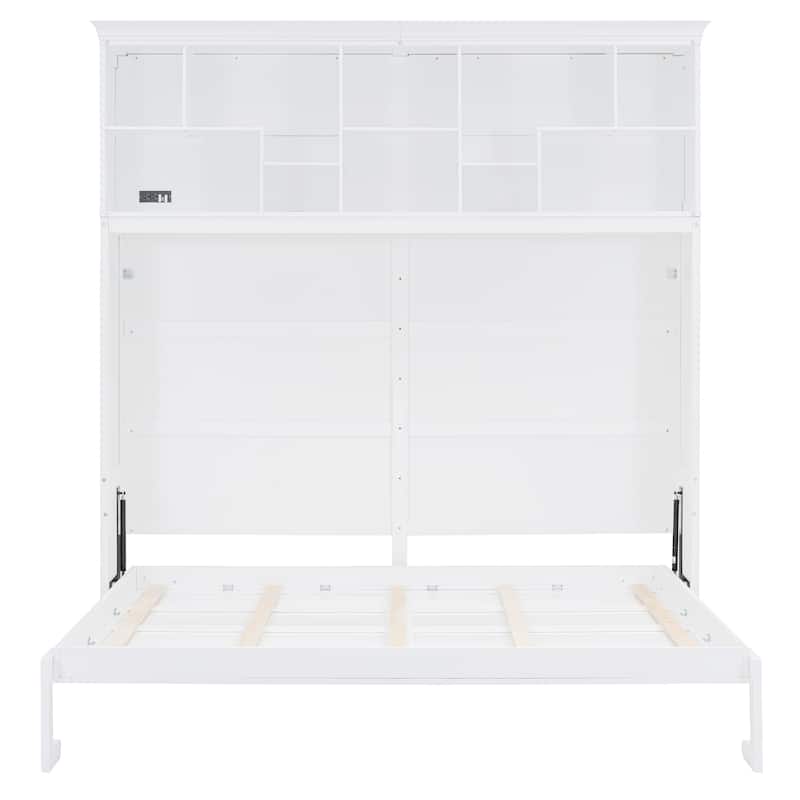 White Queen Size Murphy Bed with Top Shelves and USB