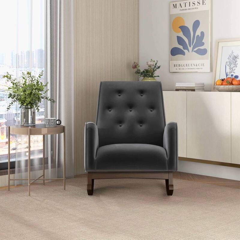 Dark Grey Fabric Rocking Chair with Solid Wood Frame 36.6"H x 27.5"W x 39"D for Living Room Bedroom Reading