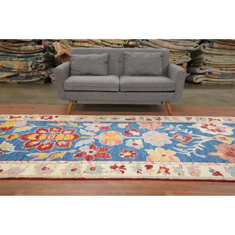 Hand Knotted Oriental 100% Wool Carpet Transitional Floral Navy Blue & Blues Oushak Runner Rug - 19' 5'' X 5' 0''