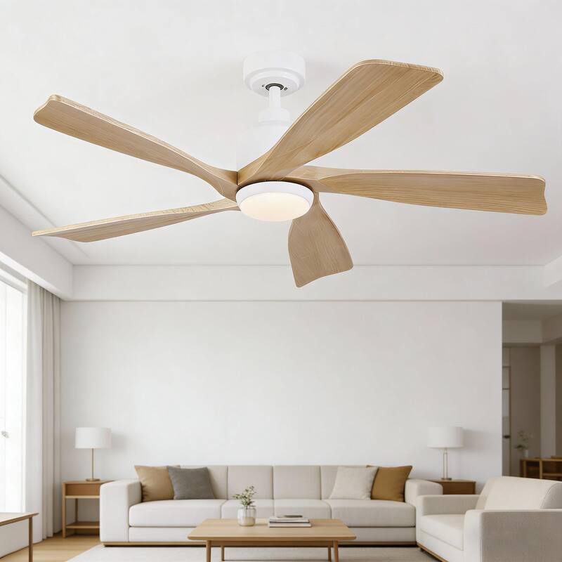 52 inch Solid Wood Ceiling Fan with Light,Quiet DC Motor,Reversible Airflow,for Living Room,Bedrom ,Farmhouse,Patio - 52 Inches - White with Wood