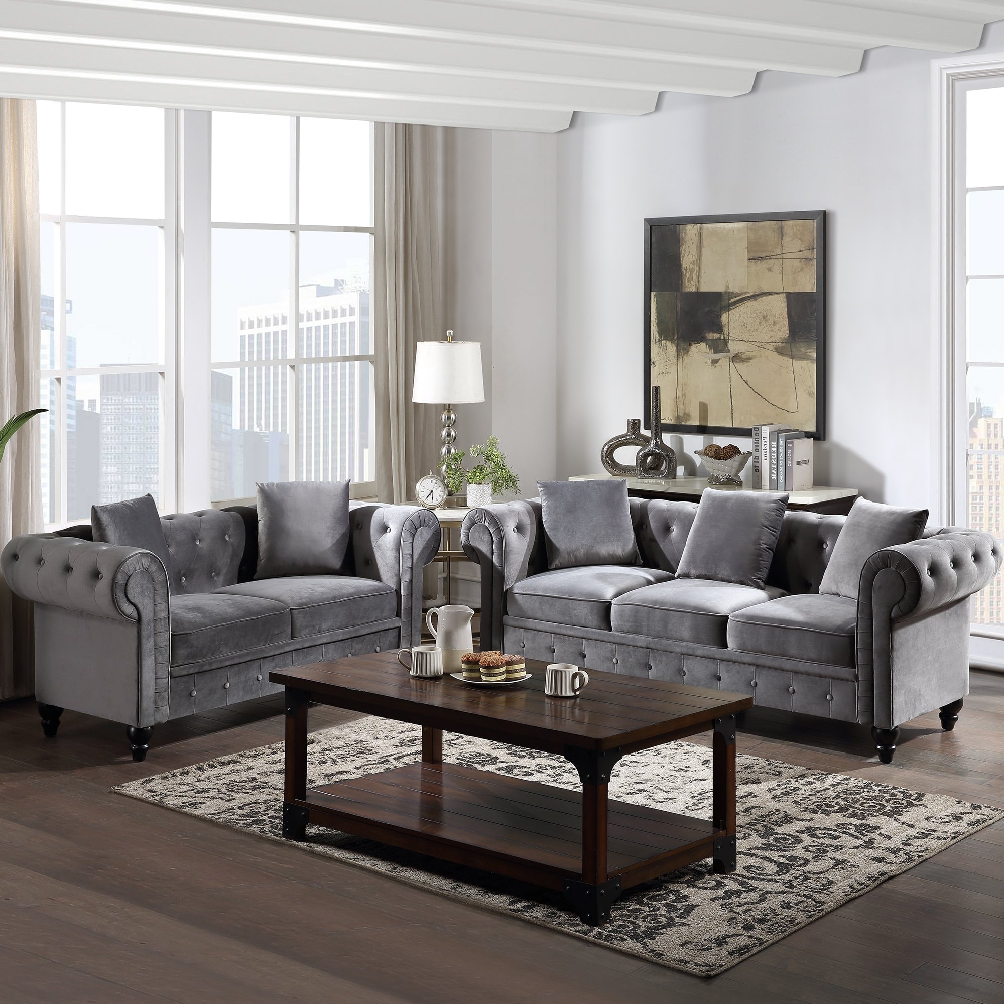 Kinwell 2 Pieces Tufted Velvet Upholstered Loveseat 3 Seat Sofa Roll Arm Classic Chesterfield Sofa Set 5 Pillows Included Overstock 32173864