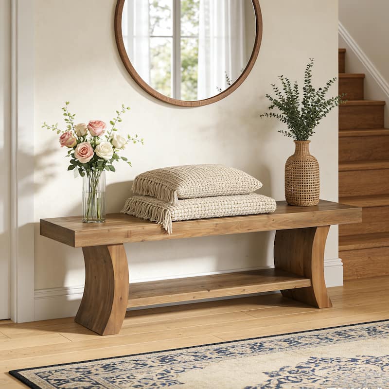 Solid Wood Entryway Bench, 2-tier Farmhouse Shoe Storage Bench - Brown