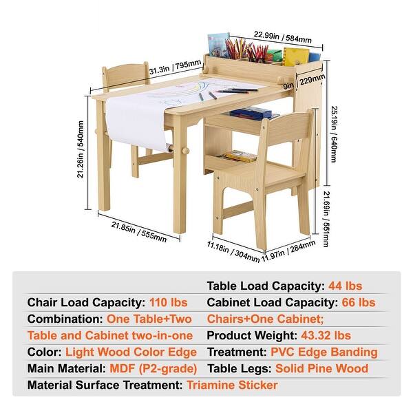 2-in-1 Wooden Toddler Craft and Play Activity Table Set Including 2 Chairs with Cabinet - 31.3x21.85x21.26 inch