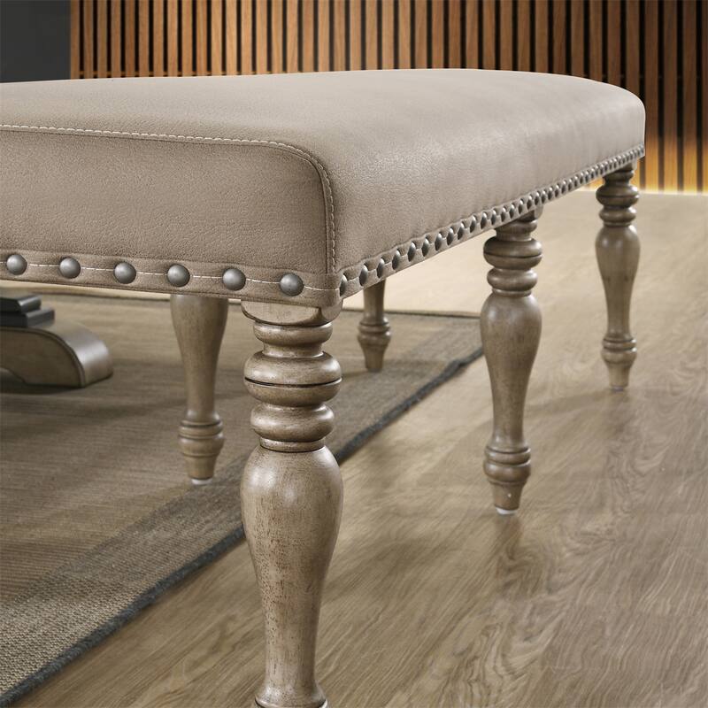Microfiber Upholstered Bench with Nail Head Trim in Driftwood Finish