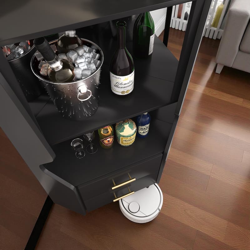 Modern Wooden Corner Bar Cabinet with Mirrored Back, 2 Drawers and Open Shelves, Buffet Sideboard for Dining or Living Room