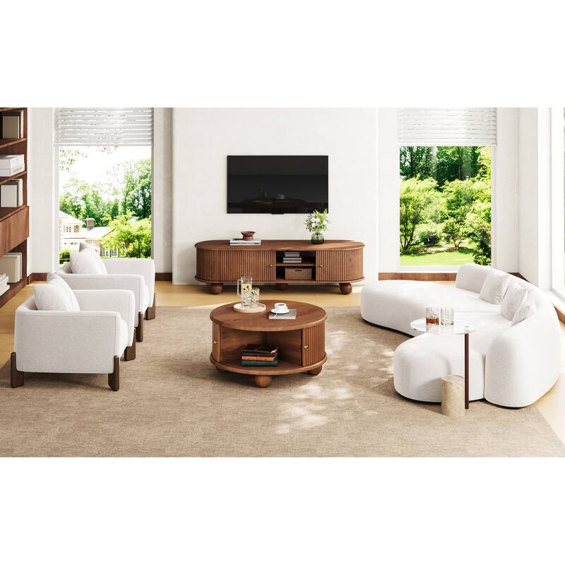 Round Fluted Coffee Table with Storage, Pine Solid Wood, Sliding Door