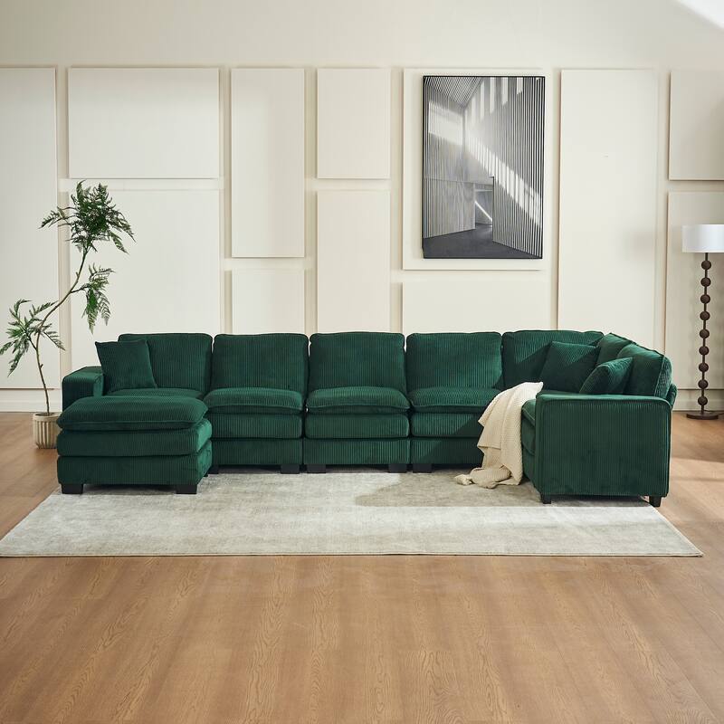 Corduroy Upholstered U-shaped Chaise Sectional Sofa Modular Sleeper Sofa Bed Deep Seat Couch with Ottoman and Pillows - Green