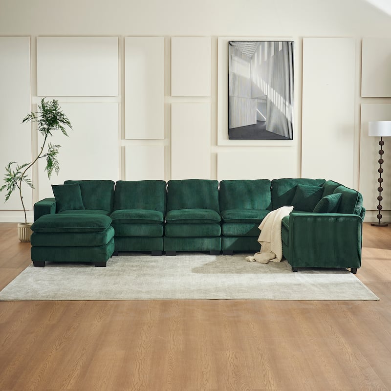 Modern U-Shaped 6-seat Modular Sectional Sofa with 1 Ottoman & 3 Toss Pillows - Green