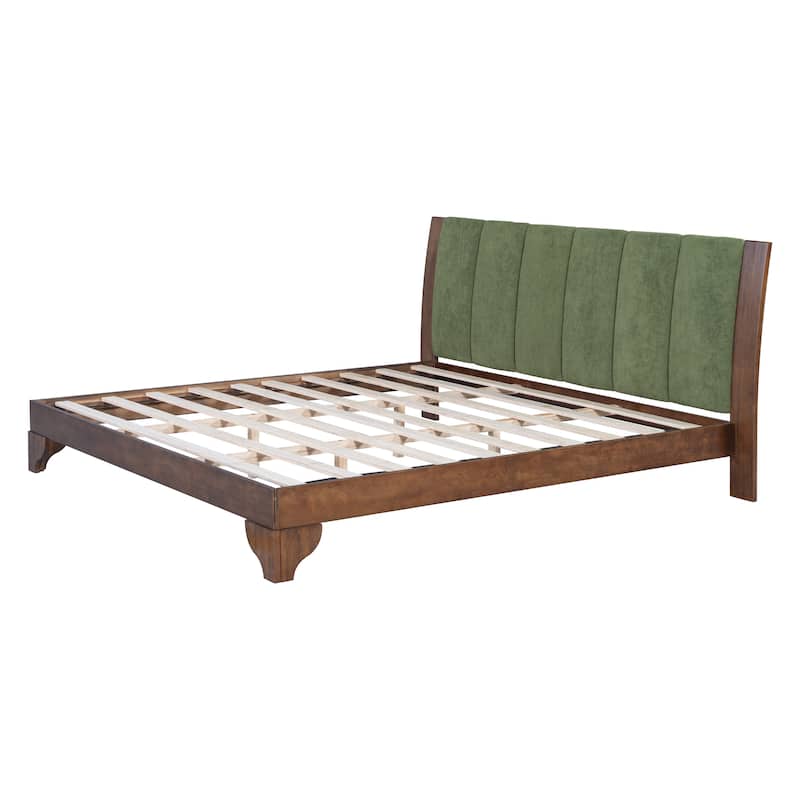 Pine Wood Bed Frame Mid Century Modern Platform Bed with Green Upholstered Headboard, Wood Slat Support Low Profile Wingback Bed