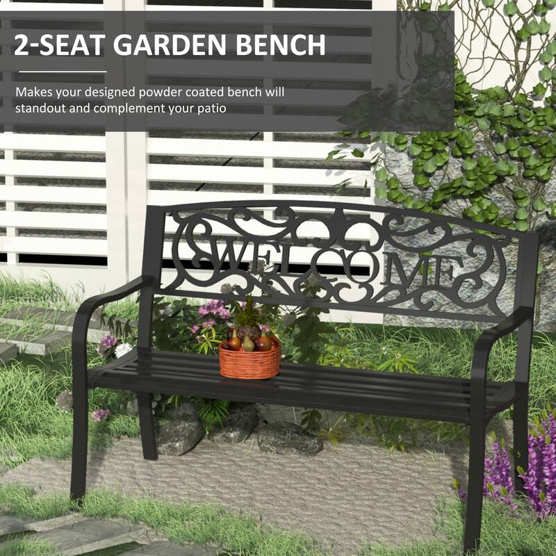 Outdoor Metal Welcome Bench, Garden Bench With Slatted Seat, Patio Bench For Park, Porch, Yard, Entryway - Black
