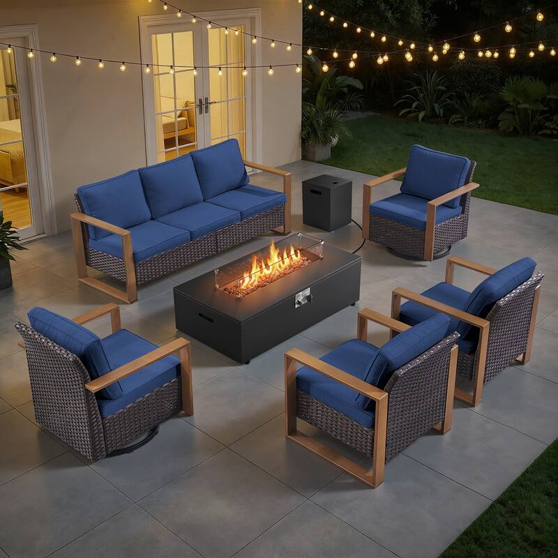 Meyreso Wicker Outdoor Patio Fire Pit Set with Swivel Gliders and 4.5-Inch Olefin Cushions - Brown / Navy Cushions - 6-Piece
