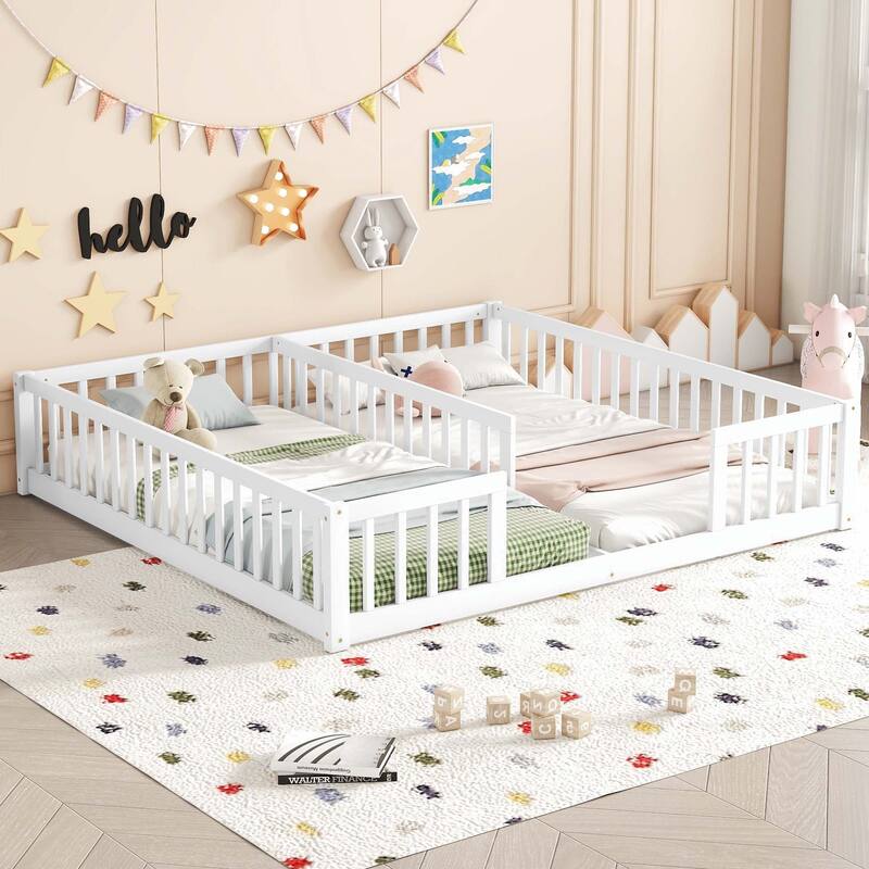 Double Twin Floor Bed with Fence - White