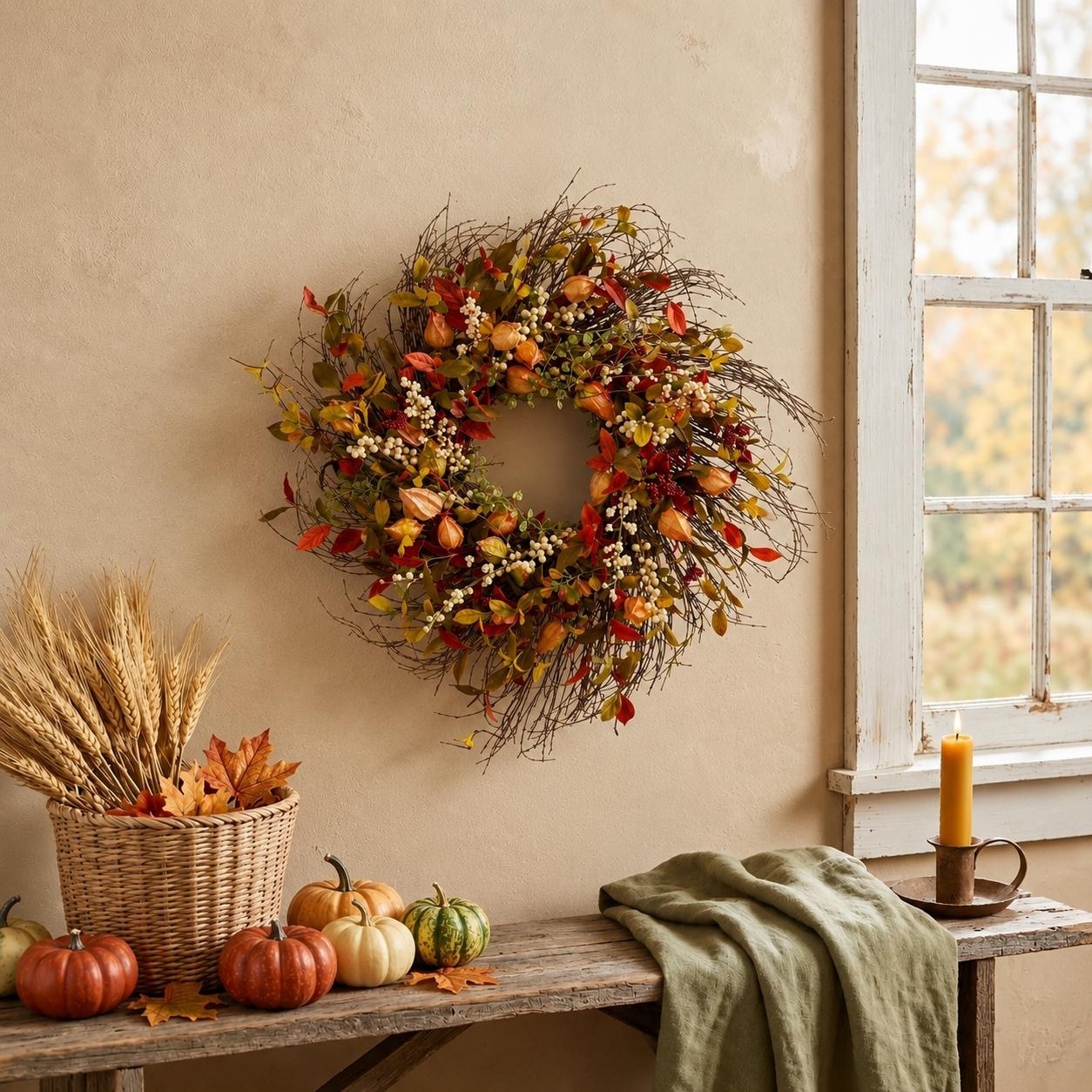 HomeRoots 20" Green Brown And White Fall Mixed Assortment Artificial Wreath