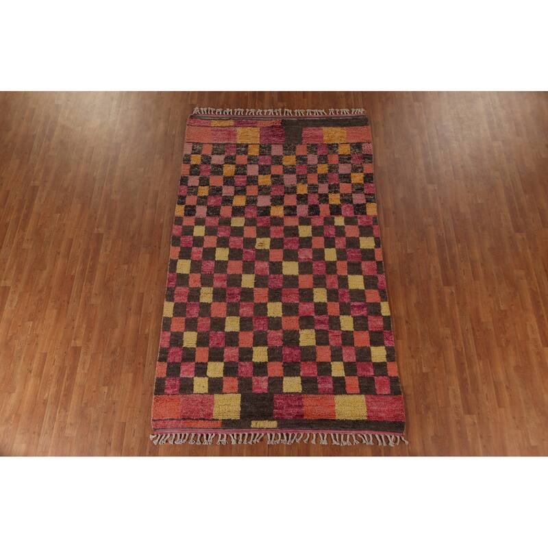 Checkered Pink Moroccan Oriental Area Rug Handmade Wool Carpet - 5'8" x 9'8"