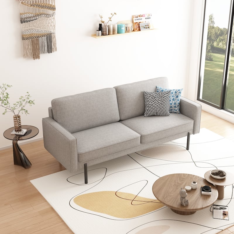 Modern Minimalist Luxe Linen Sofa with Lofted Black Metal Legs