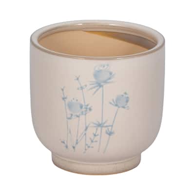 Sagebrook Home Stoneware Planter 5-Inch Ivory/Blue Enchanting Blue Flowers Design - 5" x 5" x 5"