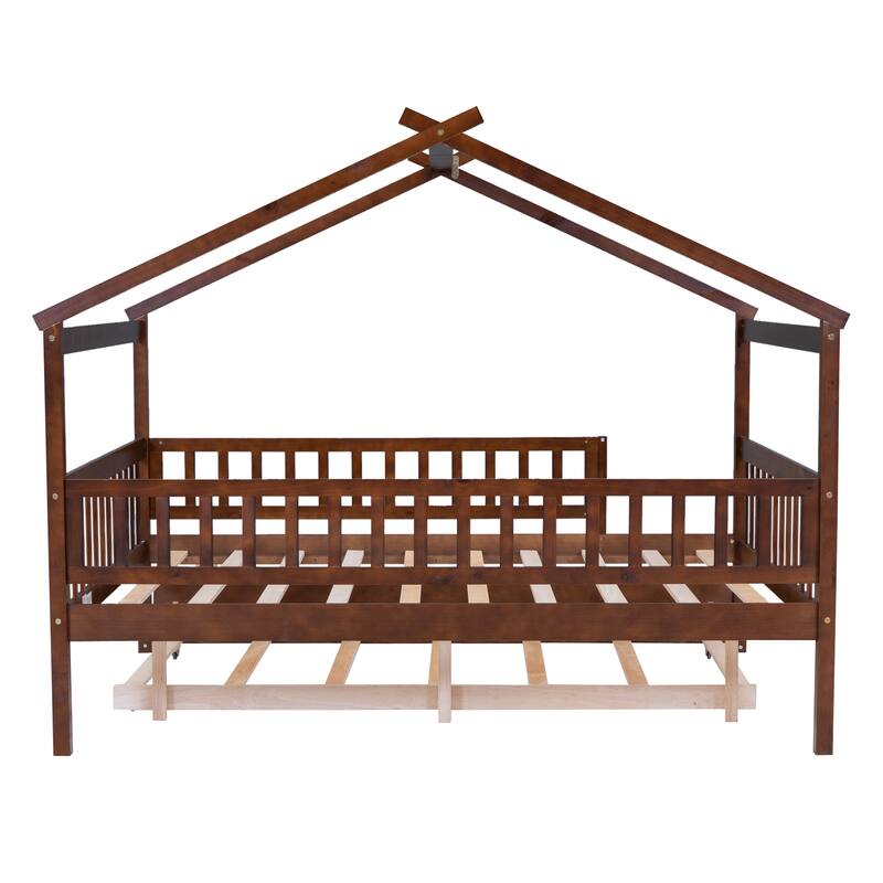Pine House Bed with Trundle, Guardrail & Roof