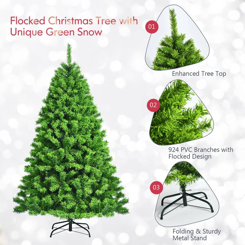 Costway 6.5ft Green Flocked Hinged Artificial Christmas Tree w/ Metal