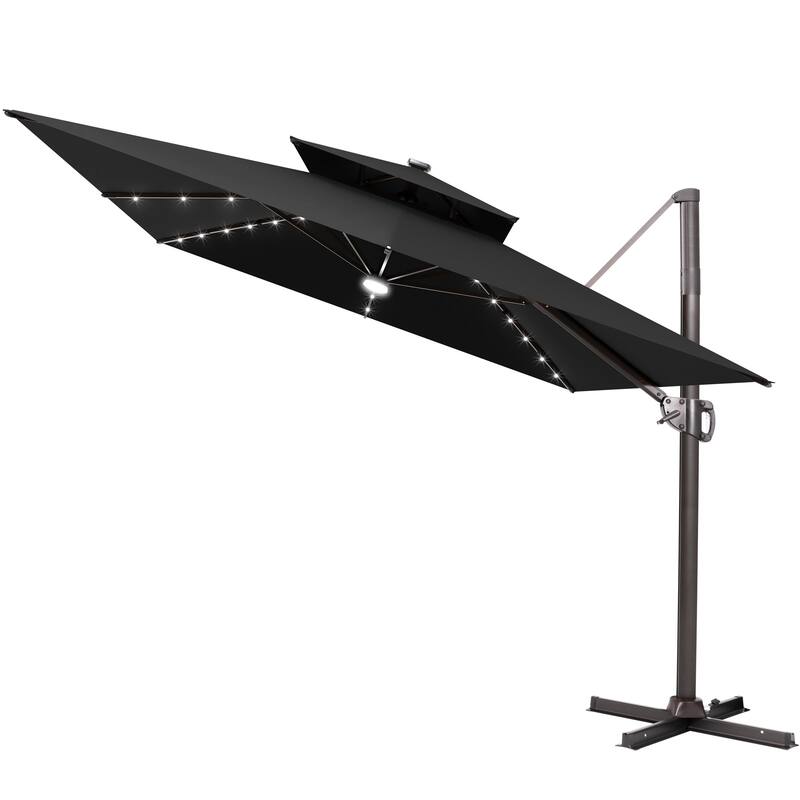9 FT x 11 FT Outdoor Dual Top Patio Cantilever Umbrella LED Light with Wheel Base